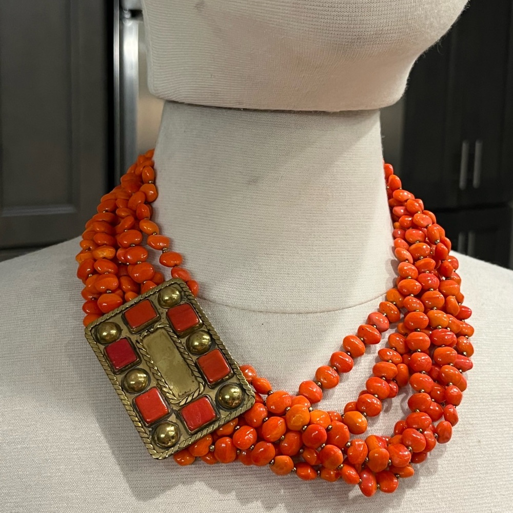 Luisa Conti 7 strand coral glass choker with brass